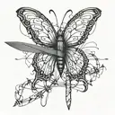 Butterfly with a knife, barbed wire wrapped loosely tattoo design idea