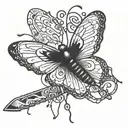 Butterfly with a knife, barbed wire wrapped loosely tattoo design idea