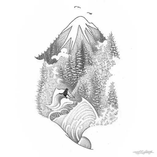 A surfer riding a wave with a forest backdrop tattoo design idea