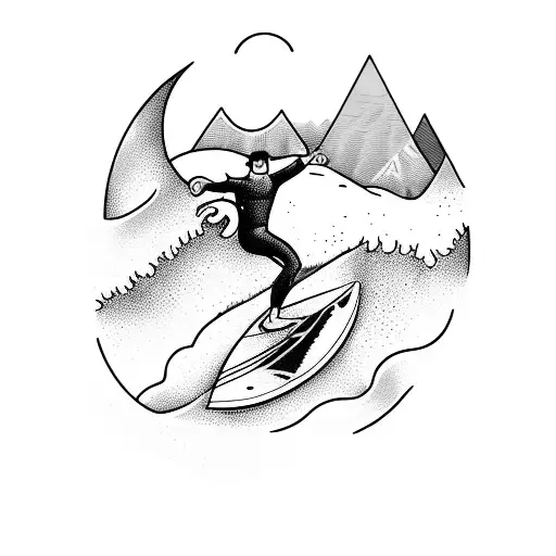 A surfer riding a wave with a mountain backdrop tattoo design idea