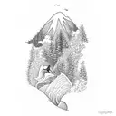 A surfer riding a wave with a forest backdrop tattoo design idea