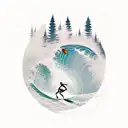 A surfer riding a wave with a forest backdrop tattoo design idea