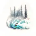 A surfer riding a wave with a forest backdrop tattoo design idea