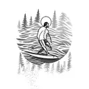 A surfer riding a wave with a forest backdrop tattoo design idea