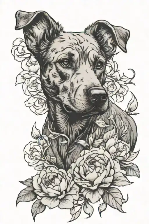 a mix breed dog and peonies interwined tattoo design idea