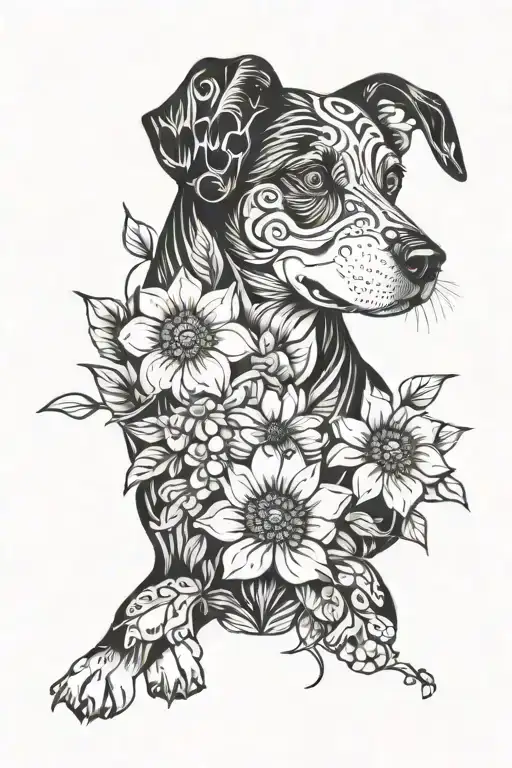 dog and flowers intertwined tattoo design idea