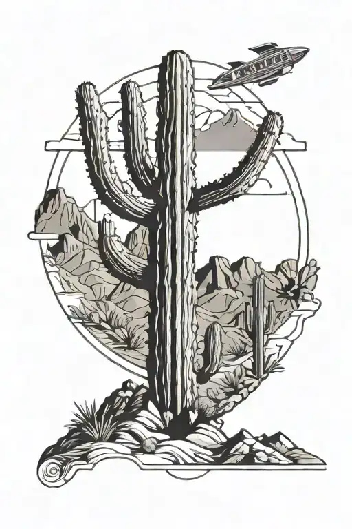 design a Saguaro cactus with mountains behind and a small missile flying between the mountains tattoo design idea