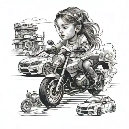 A detailed portrait of your daughter Myla with elements of BMW and JDM cars incorporated tattoo design idea