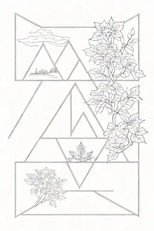 4 triangles in a row. 2 facing upside 2 facing down. Filled with nature  tattoo design idea