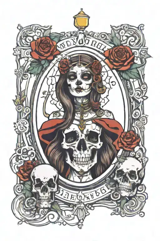 tarot card featuring a girls face and skull within an hourglass memento mori at the top and memento vivire at the bottom tattoo design idea