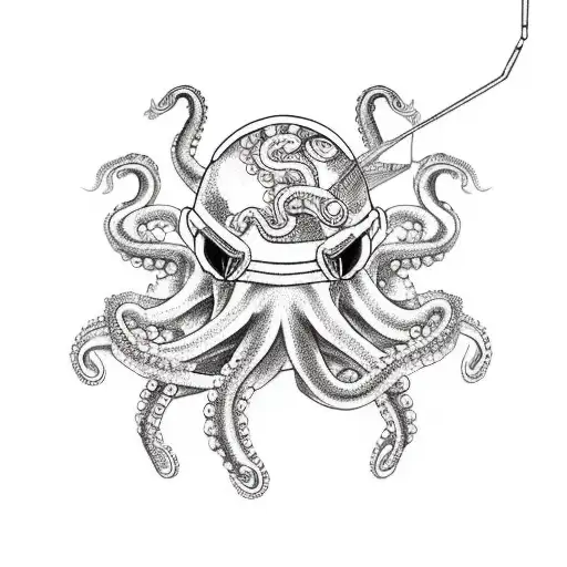 octopus with scuba diver helmet holding a sniper rifle  tattoo design idea