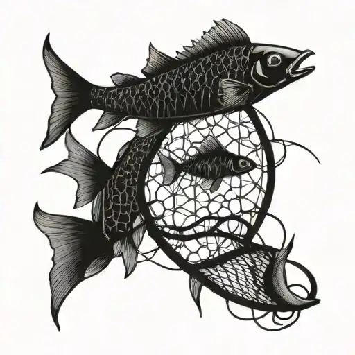 Incorporate traditional fishing tools like nets and hooks in a unique design with a school of fish swimming around them tattoo design idea