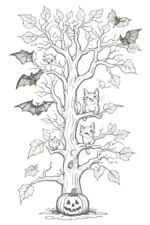halloween, tree, leaves, bat, cat, pumpkin    tattoo design idea