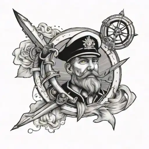Captain On A Warship In A Rough Sea, Holding a Trident, Bandaid and toilet paper And A Compass Rose tattoo design idea