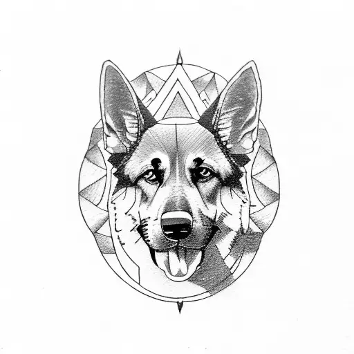 A German shepherd leading a group of hikers through a mystical mountain trail tattoo design idea