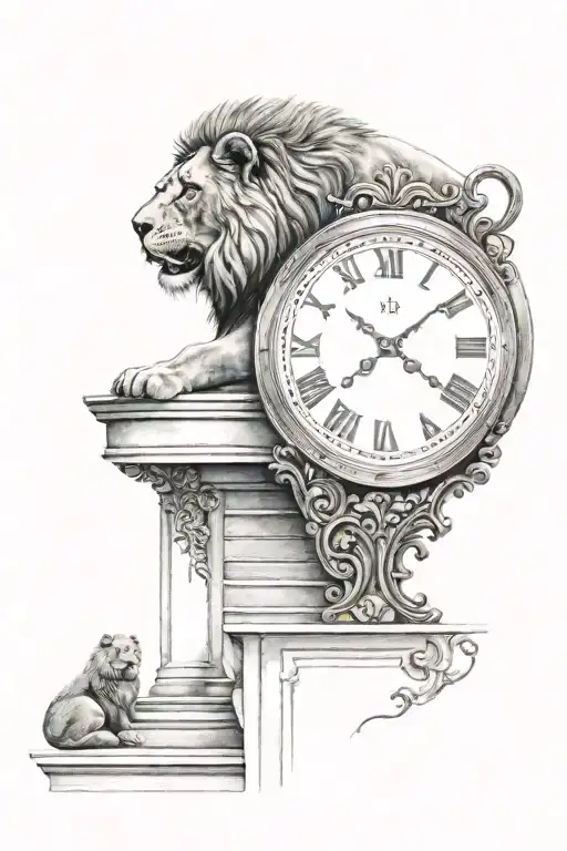 clock, stair leading to a lion roaring tattoo design idea