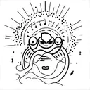 A serene landscape with a coffee bean sun and musical instruments scattered around tattoo design idea