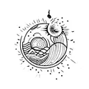 A serene landscape with a coffee bean sun and musical instruments scattered around tattoo design idea