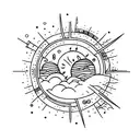 A serene landscape with a coffee bean sun and musical instruments scattered around tattoo design idea