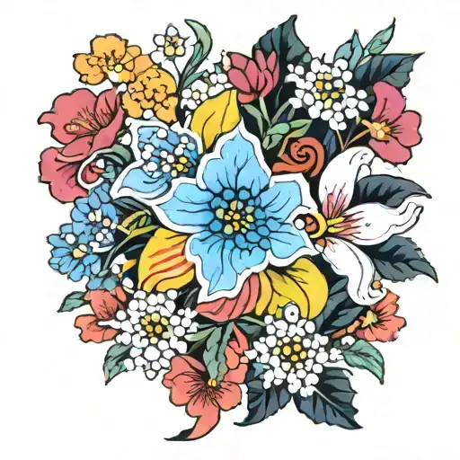colorful taegeuk tattoo with traditional South Korean flowers tattoo design idea
