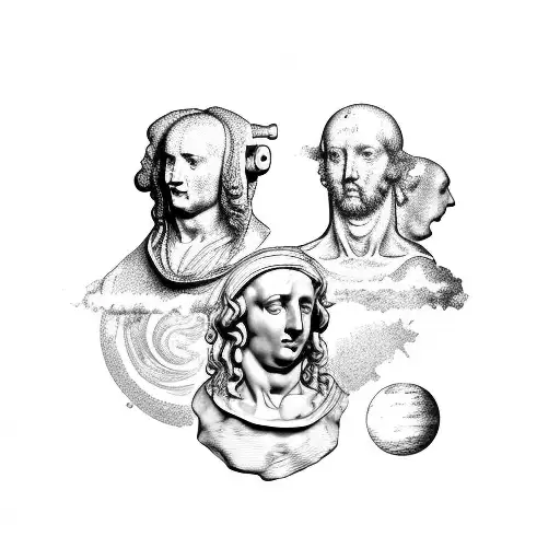 the bust of a Renaissance statue, with part of the head broken, from the opening, planets and nebulae come out tattoo design idea
