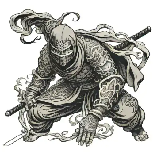 A ninja stealthily blending into a background of swirling oni masks tattoo design idea