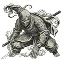 A ninja stealthily blending into a background of swirling oni masks tattoo design idea