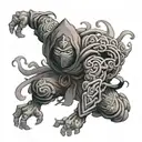 A ninja stealthily blending into a background of swirling oni masks tattoo design idea