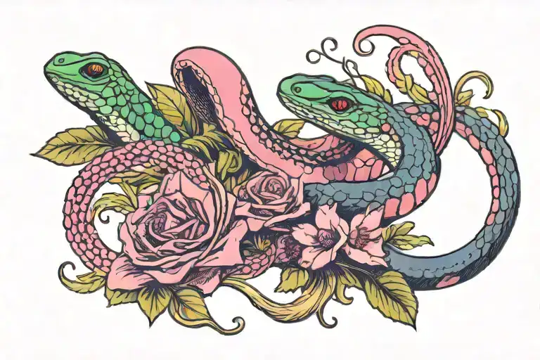 hand holding a pink and purple sweat pea and garter snake entwined tattoo design idea