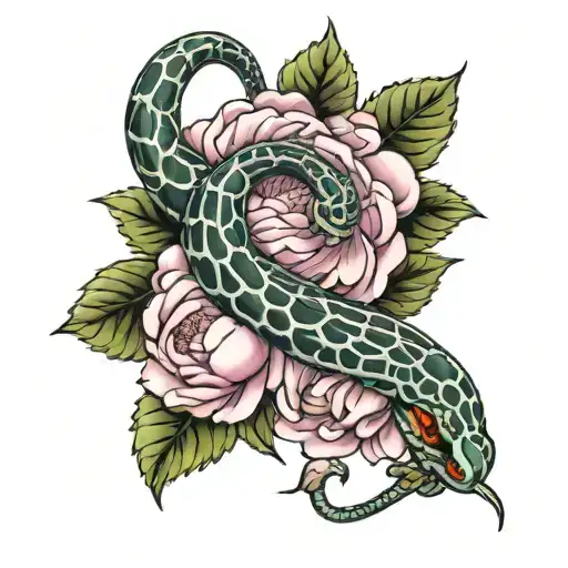 female hand with pink peonies and garter snake intertwined tattoo design idea