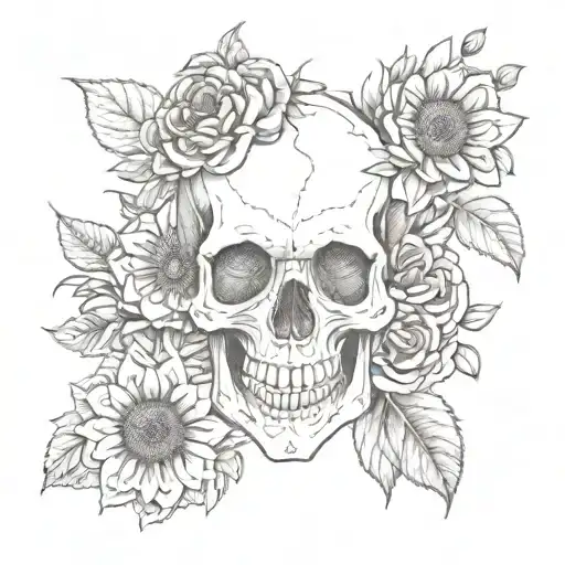 skull roses sunflowers fine line tattoo design idea