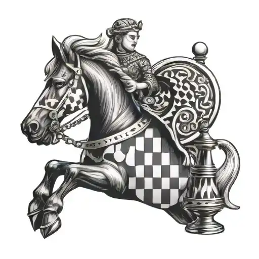chess horse with a chess piece form with the expression alea acta est tattoo design idea