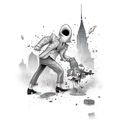 spy vs spy characters original style chasing each other in an abounded city, sleeve, tattoo design idea
