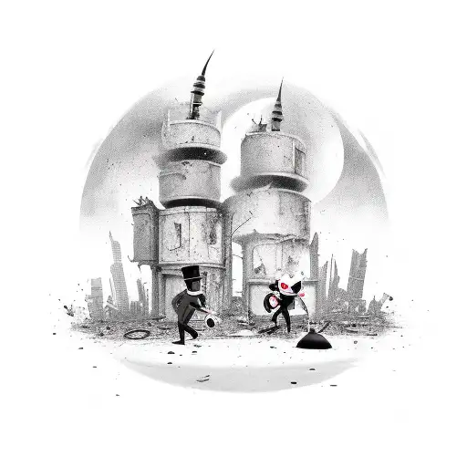 spy vs spy characters chasing each other in an abounded city, sleeve, tattoo design idea