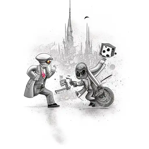 spy vs spy characters original style chasing each other in an abounded city, sleeve, tattoo design idea