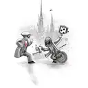 spy vs spy characters original style chasing each other in an abounded city, sleeve, tattoo design idea