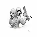 spy vs spy characters original style chasing each other in an abounded city, sleeve, tattoo design idea