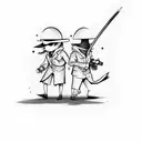 spy vs spy characters chasing each other in an abounded city, sleeve, tattoo design idea