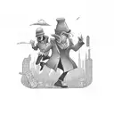 spy vs spy characters chasing each other in an abounded city, sleeve, tattoo design idea