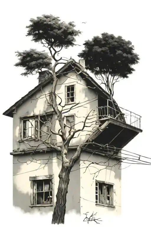 a weak an fragile tree leaning off the roof of a building like a man who is contemplating suicide  tattoo design idea
