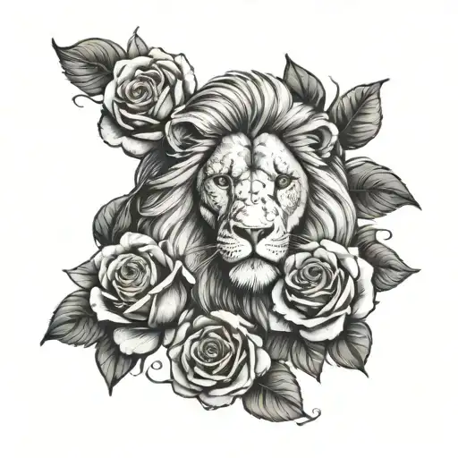 lion with roses and a clock tattoo design idea