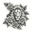 lion with roses and a clock tattoo design idea