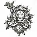 lion with roses and a clock tattoo design idea