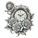 lion with roses and a clock tattoo design idea