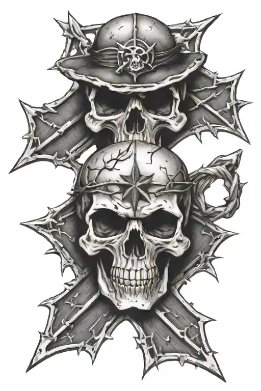 skulls wrapped in barbed wire with iron maltese cross tattoo tattoo design idea