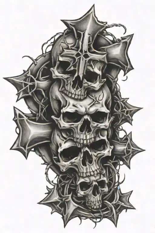 skulls wrapped in barbed wire with iron maltese cross tattoo tattoo design idea