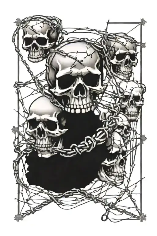 skulls wrapped in barbed wire with maltese cross tattoo design idea