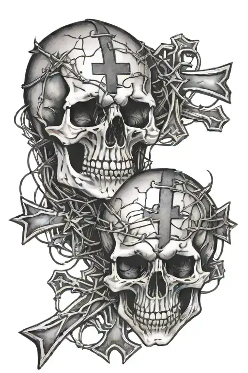 skulls wrapped in barbed wire with iron cross tattoo tattoo design idea