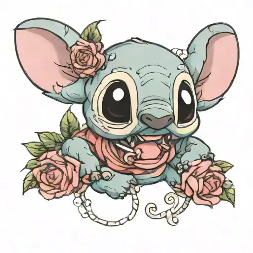 happy Stich with roses around tattoo design idea