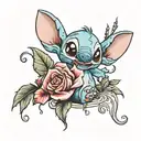happy Stich with roses around tattoo design idea